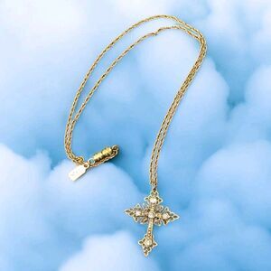 1928 Vintage Cross Pendant Necklace Gold Tone 17" Chain Jesus Christ, Religious
